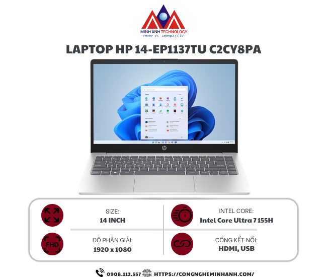 Laptop HP 14 ep1137TU C2CY8PA (Ultra 7 155H/ 16GB/ 512GB SSD/ 14 inch FHD/ Win11/ Silver)