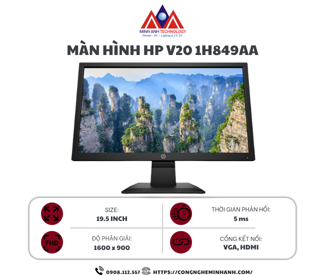 Màn hình máy tính HP V20 1H849AA (19.5 inch TN/ 1600 x 900/ 200 cd/m2/ 5ms/ 60Hz), bảo hành 24 tháng