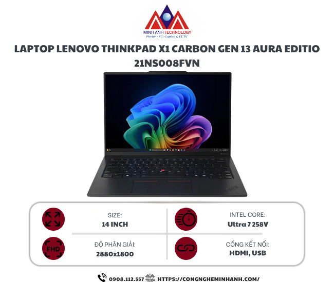 Laptop Lenovo ThinkPad X1 Carbon Gen 13 21NS008FVN (Ultra 7 258V/ 32GB/ 1TB SSD/ 14 inch 2.8K/ Win 11 Pro/ Carbon/ 3Y)