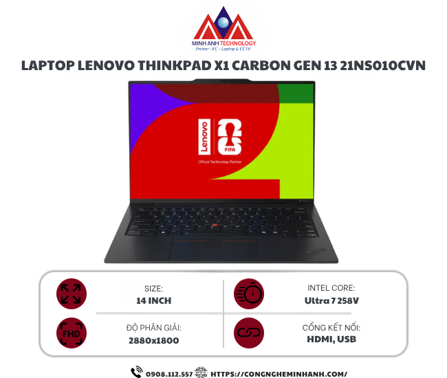 Laptop Lenovo ThinkPad X1 Carbon Gen 13 Aura Edition 21NS010CVN (Ultra 7 258V/ 32GB/ 1TB SSD/ 14 inch 2.8K/ Win 11 Pro/ Carbon/ 3Y)