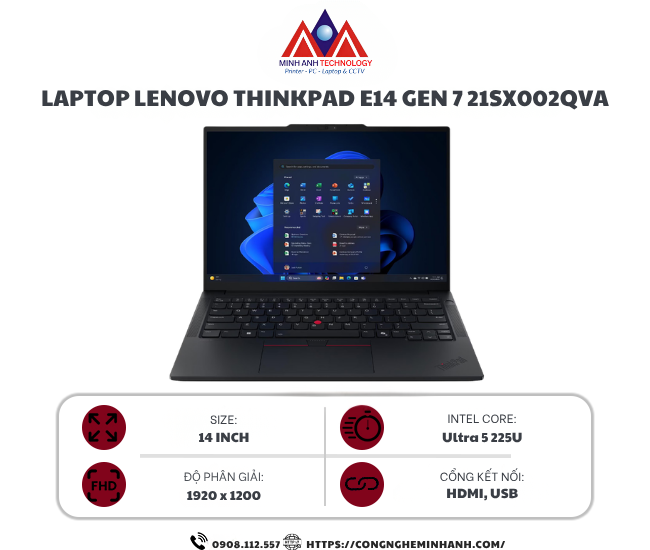 Laptop Lenovo ThinkPad E14 Gen 7 21SX002QVA (U5-225U/ Ram 16GB/ SSD 512GB/ Windows 11/ 1Y/ Đen)