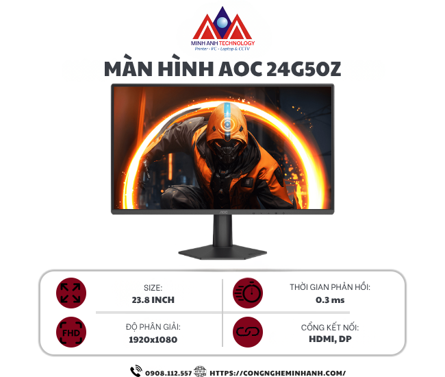 Màn hình gaming AOC 24G50Z (23.8Inch/ Full HD/ 0,3ms/ 260Hz/ 300cd/m2/ IPS)