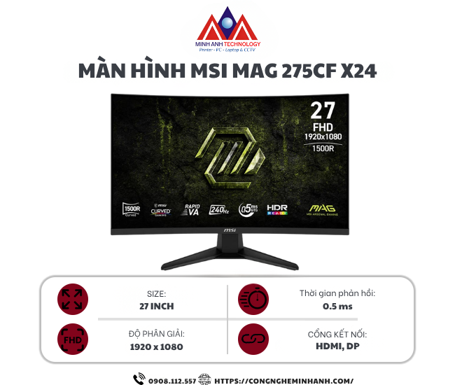 Màn hình gaming cong MSI MAG 275CF X24 (27Inch/ Full HD/ 0,5ms/ 240Hz/ 300cd/m2/ VA)