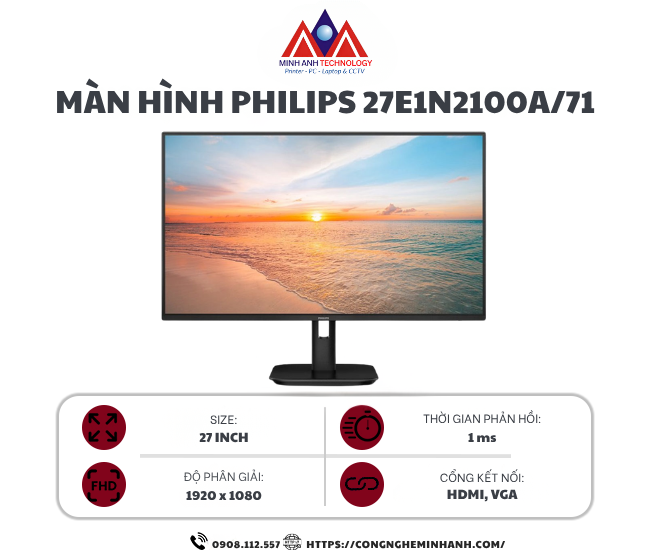 Màn hình Philips 27E1N2100A/71 (27Inch/ Full HD/ 1ms/ 120Hz/ 300cd/m2/ IPS/ Tích hợp loa)