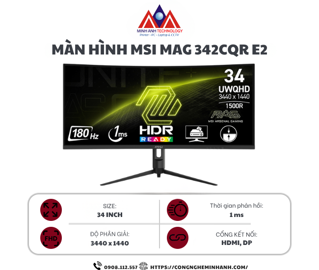 Màn Hình Gaming MSI MAG 342CQR E2 (34 inch/ VA/ UWQHD/ 180Hz/ 1ms/ Cong)