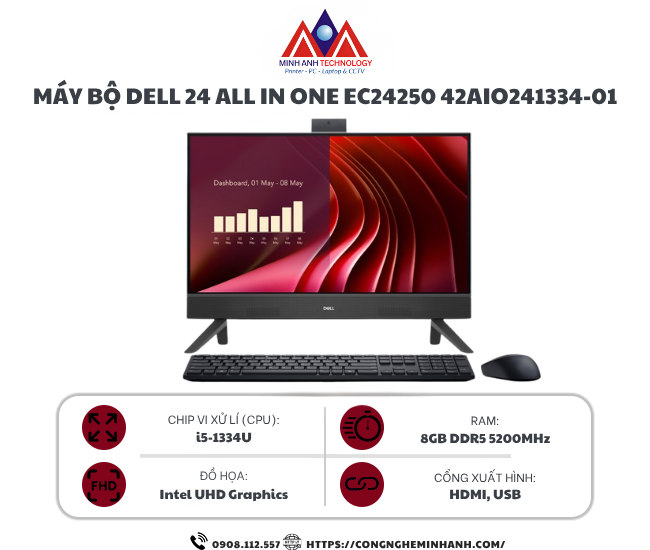 Máy bộ All-in-One Dell 24 EC24250 42AIO241334-01 (Core i5-1334U/ 8GB/ 512GB SSD/ 23.8 inch FHD/ Win11 + Office/ 1Y)