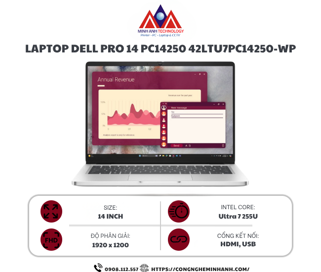 Laptop Dell Pro 14 PC14250 42LTU7PC14250-WP (Ultra 7 255U/ 16GB/ 512GB SSD/ 14 inch FHD+/ Win 11 Pro/ 2Y ProSupport + KYHD)