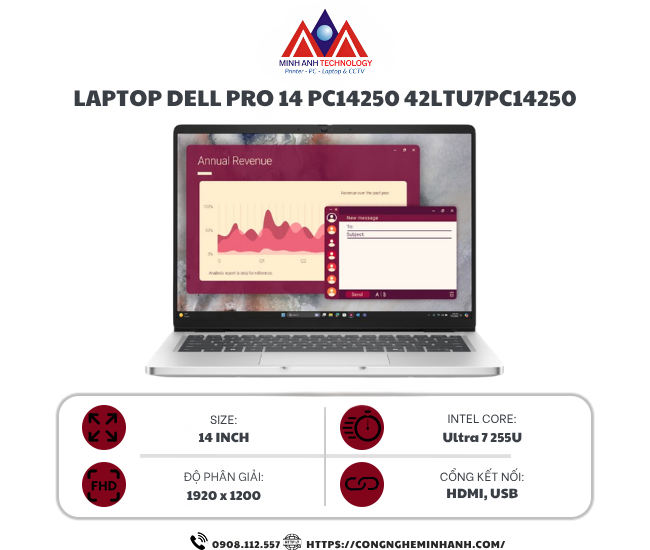 Laptop Dell Pro 14 PC14250 42LTU7PC14250 (Ultra 7 255U/ 16GB/ 512GB SSD/ 14 inch FHD+/ Win 11 Pro/ Silver/ 2Y)