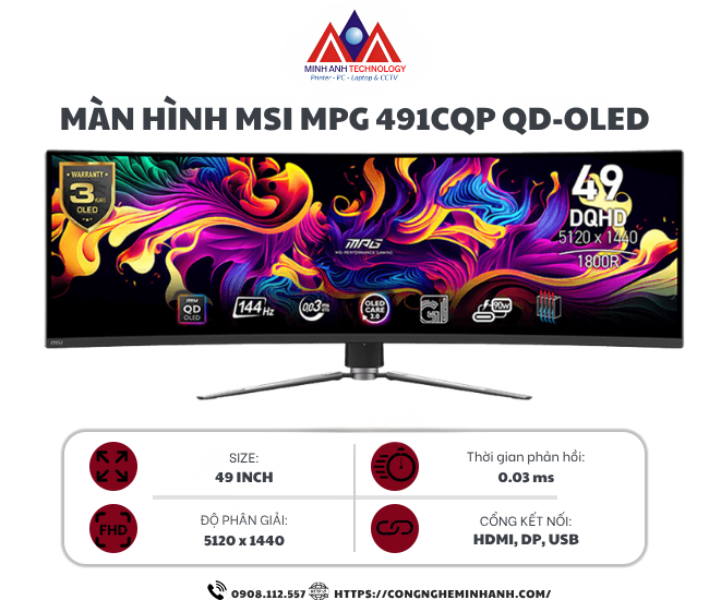 Màn hình cong gaming MSI MPG 491CQP QD-OLED (49Inch/ DQHD (5120x1440)/ 0.03ms/ 144Hz/ 250cd/m2/ OLED)