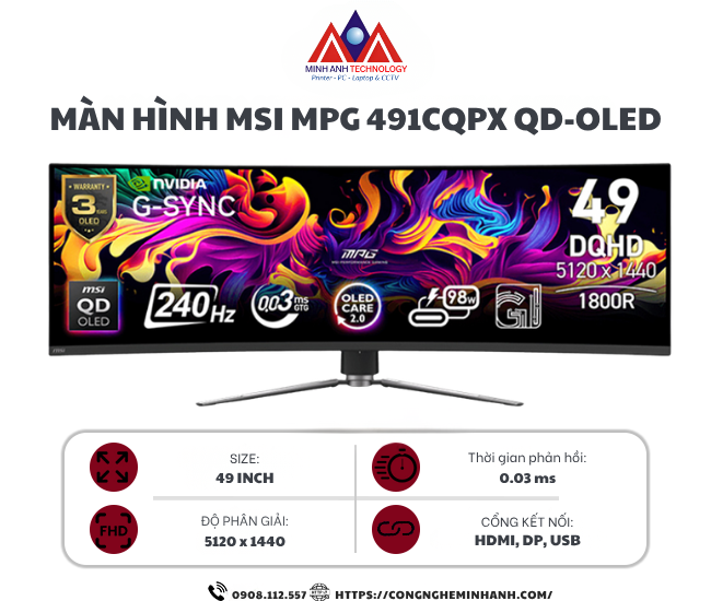 Màn hình cong gaming MSI MPG 491CQPX QD-OLED (49Inch/ DQHD (5120x1440)/ 0.03ms/ 240Hz/ 250cd/m2/ OLED)