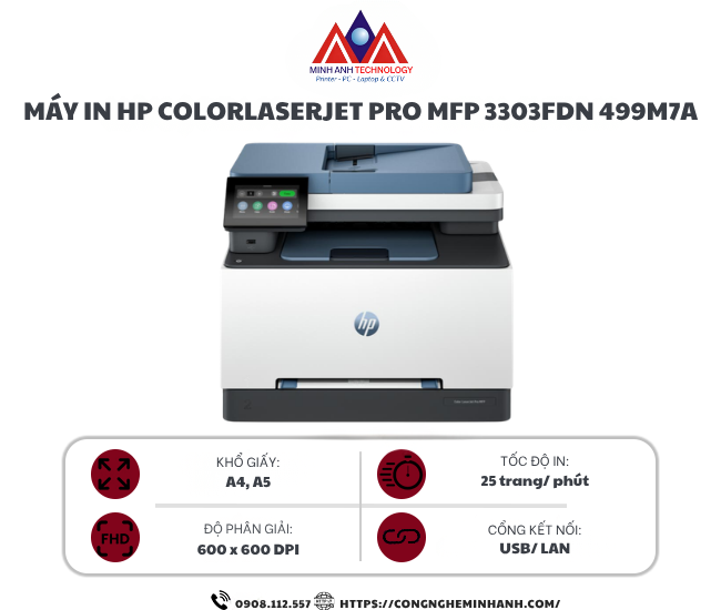 Máy in laser màu HP ColorLaserJet Pro MFP 3303FDN 499M7A (A4/A5/ Đảo mặt/ USB/ LAN)