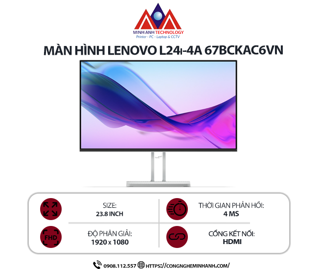 Màn hình Lenovo L24i-4A 67BCKAC6VN Grey (23.8Inch/ Full HD/ 4ms/ 100HZ/ 250cd/m2/ IPS/ Loa)
