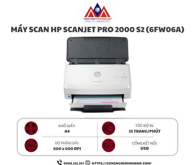 Máy Scan HP ScanJet Pro 2000 s2 (6FW06A) - Scan tài liệu 2 mặt tự động, kết nối cổng USB, tốc độ cao, khay ADF 50 tờ