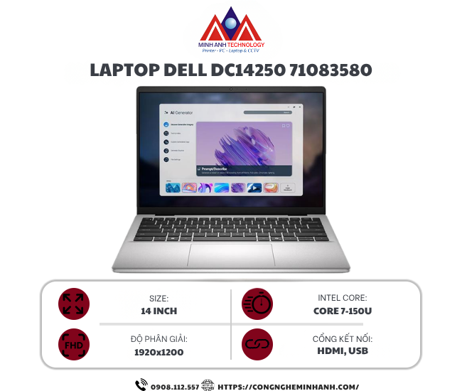 Laptop Dell 14 DC14250 71083580 (Core 7 150U/ 16GB/ 512GB SSD/ 14 inch WUXGA/ Win 11/ Office/ Silver/ 1Y)