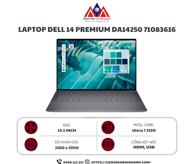 Laptop Dell 14 Premium DA14250 71083616 (Ultra 7 255H/ 32GB/ 1TB SSD/ RTX 4050 6GB/ 14.5inch 3.2K Touch/ 120Hz/ Win 11/ Office/ Graphite/ 1Y)