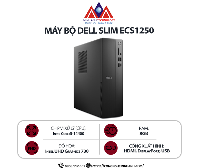 Máy bộ Dell Slim ECS1250 (I5 14400/ 8GB/ 512GB SSD/ Wifi + BT/ Key/ Mouse/ Win11/ 1Y)