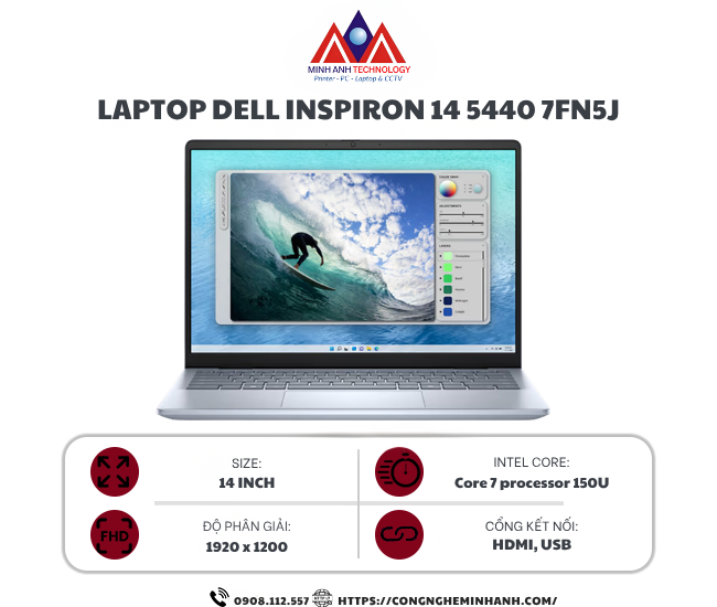 Laptop Dell Inspiron 14 5440 7FN5J (Core7 150U/ Ram 16GB/ SSD 1TB/ Windows 11/ Office/ 1Y/ Xanh)