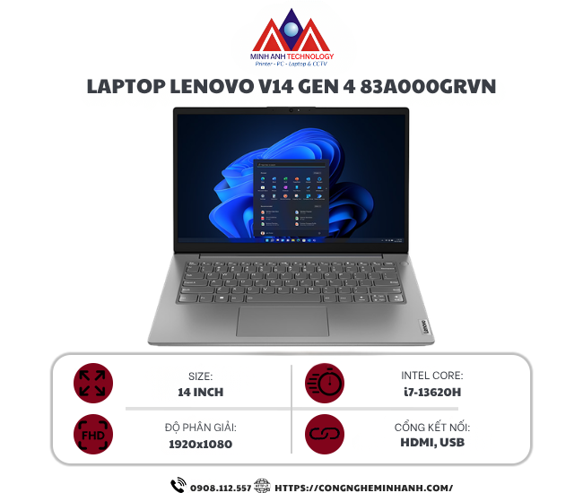Laptop Lenovo V14 G4 IRU 83A000GRVN (I7-13620H/ Ram 16GB/ SSD 512GB/ Windows 11/ 1Y/ Xám)