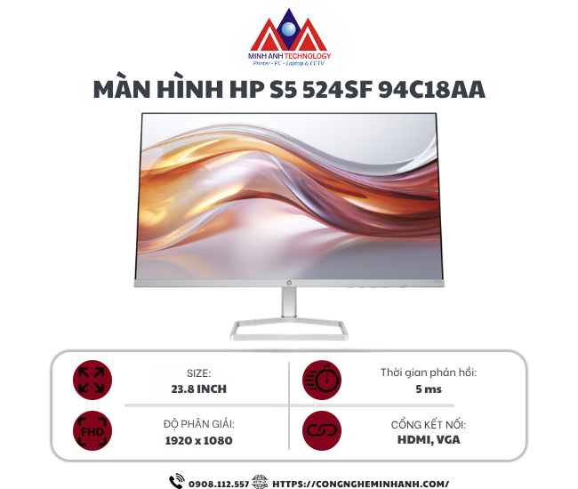Màn hình HP S5 524sf 94C18AA (23.8Inch/ Full HD/ 5ms/ 100HZ/ 300 cd/m2/ IPS)