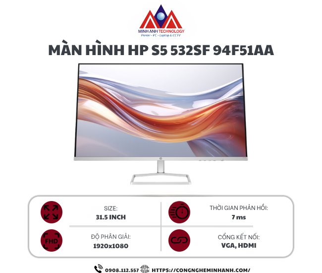 Màn hình HP S5 532sf 94F51AA (31.5Inch/ Full HD/ 5ms/ 100HZ/ 300 cd/m2/ IPS)