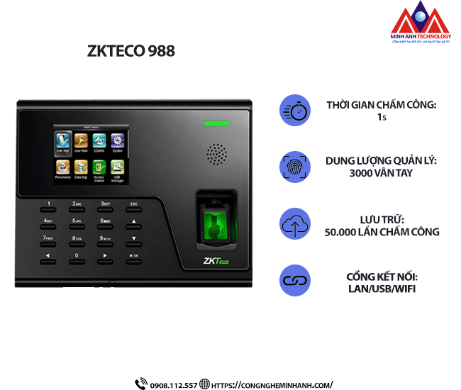 Máy Chấm Công Vân Tay ZKTeco 988