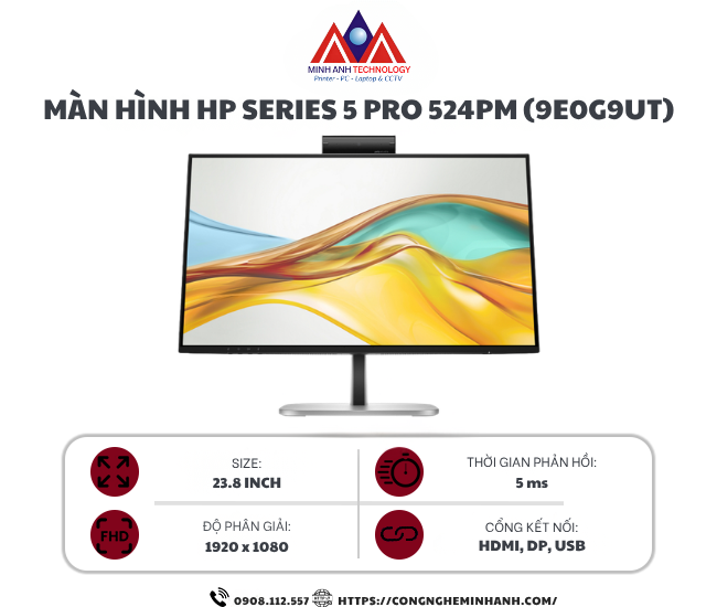 Màn hình HP Series 5 Pro 524pm 9E0G9UT (23.8 inch/ FHD/ IPS/ USB-C Conferencing/ Black/ 3Y)