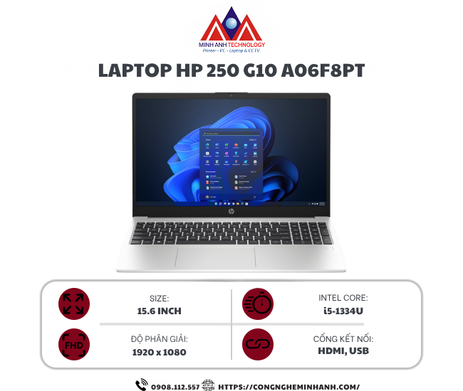 Laptop HP 250 G10 A06F8PT (i5 1334U/ Ram 16GB/ SSD 512GB/ Windows 11/ Bạc)