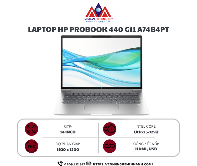 Laptop HP ProBook 440 G11 A74B4PT (Ultra 5 125U/ 8GB/ 512GB SSD/ 14 inch WUXGA/ Win11/ Silver/ Vỏ nhôm)