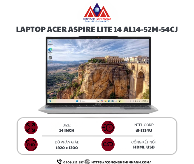 Laptop Acer Aspire Lite 14 AL14-52M-54CJ (i5 1334U/ 16GB/ 512GB SSD/ 14 inch FHD+/ Win11/ Silver/ Vỏ nhôm/ 1Y)