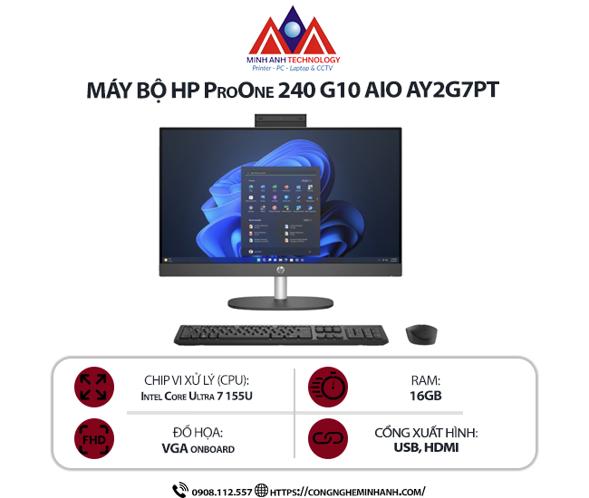 Máy bộ AIO HP ProOne 240 G10 AY2G7PT (Ultra 7 155U/ 16GB/ 512GB SSD/ 23.8inch/ Win11/ Black)