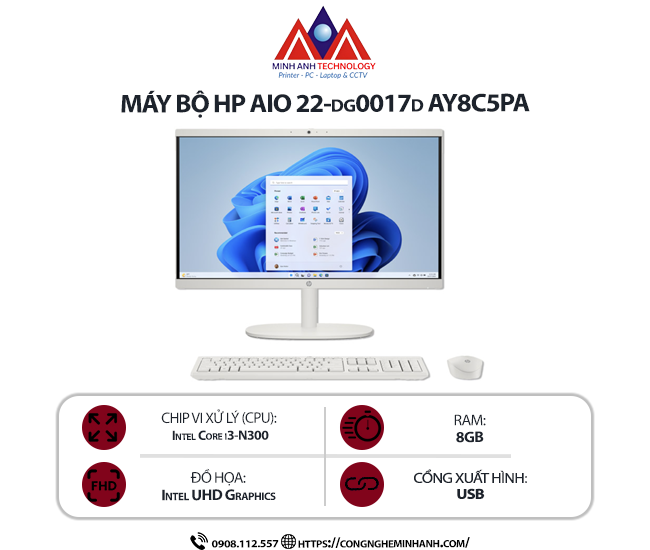 Máy bộ HP AIO 22-dg0017d (AY8C5PA) (i3-N300/8G/256GSSD/21.45FHD/VA/WL/BT/WL_KB/WL_M/W11SL/TRẮNG)
