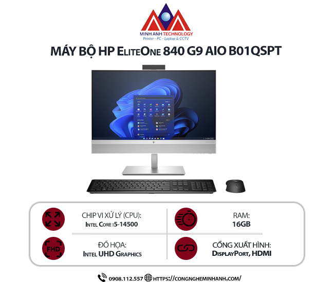 Máy bộ HP EliteOne 840 G9 AIO B01QSPT (i5-14500/ Ram 16GB/ SSD 512GB/ 23.8 inch/ Windows 11 Pro/ 3Y/ Bạc)