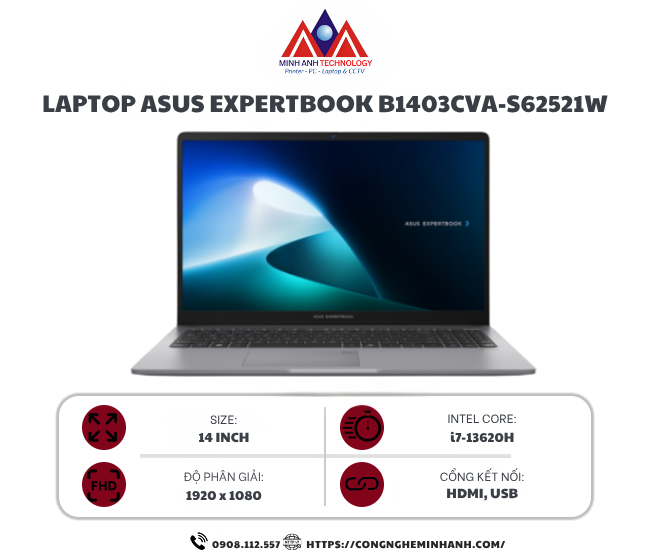 Laptop Asus ExpertBook B1403CVA-S62521W (Core i7-1335U/ Ram 16GB/ SSD 512GB/ 14 Inch Full HD/ Windows 11/ Xám)