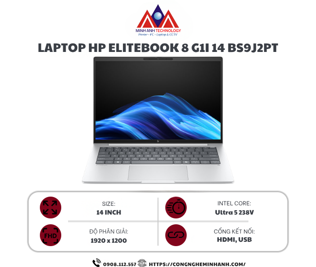 Laptop HP EliteBook 8 G1i 14 BS9J2PT (Ultra 5 238V/ 32GB/ 512GB SSD/ 14.0 inch WUXGA Touch/ Win 11 Pro/ Silver/ Vỏ nhôm)