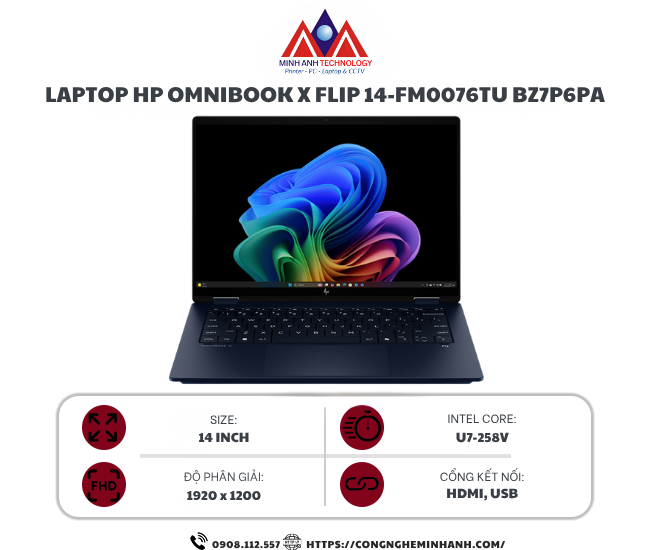 Laptop HP OmniBook X Flip 14-fm0076TU BZ7P6PA (Ultra 7 258V/ 32GB/ 512GB SSD/ 14 inch WUXGA Touch/ Win 11/ Office/ Blue/ Pen)