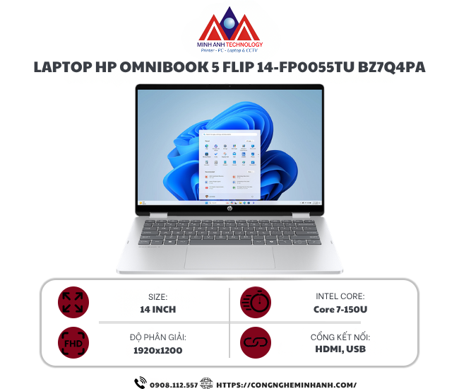 Laptop HP OmniBook 5 Flip 14-fp0055TU BZ7Q4PA (Core 7-150U/ Ram 24GB/ SSD 512GB/ Touch/ Windows 11 Home/ 1Y/ Bạc)