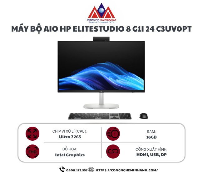 Máy bộ AIO HP EliteStudio 8 G1i 24 C3UV0PT (Ultra 7 265/ 16GB/ 512GB SSD/ 23.8inch/ Touch/ Key/ Mouse/ Win11/ 3Y)