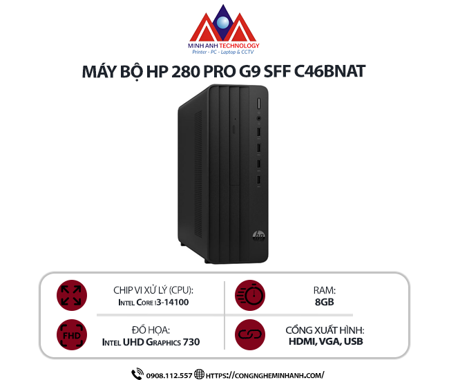 Máy bộ HP 280 Pro G9 SFF C46BNAT (Intel Core i3-14100/ 8G/ 512GSSD/ WL/BT/ KB/M/ W11SL)