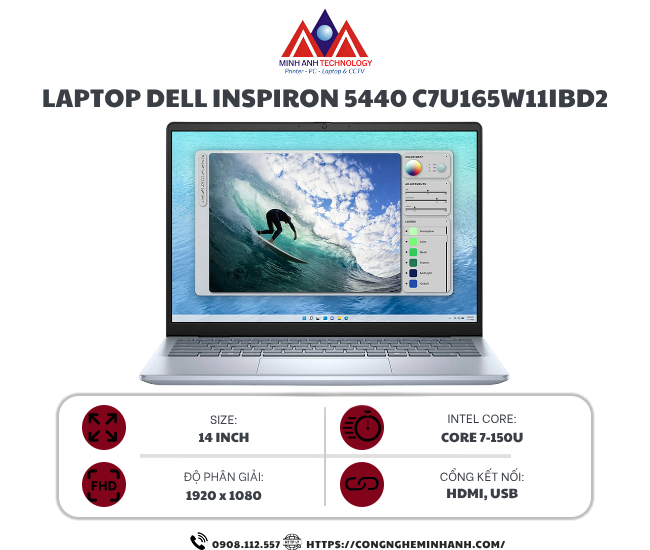 Laptop Dell Inspiron 14 5440 N5440-C7U165W11IBD2 (14.0 inch FHD+/ Core 7 150U/ 16GB RAM/ 512GB SSD/ MX570A 2GB/ Windows 11/ 12 tháng)