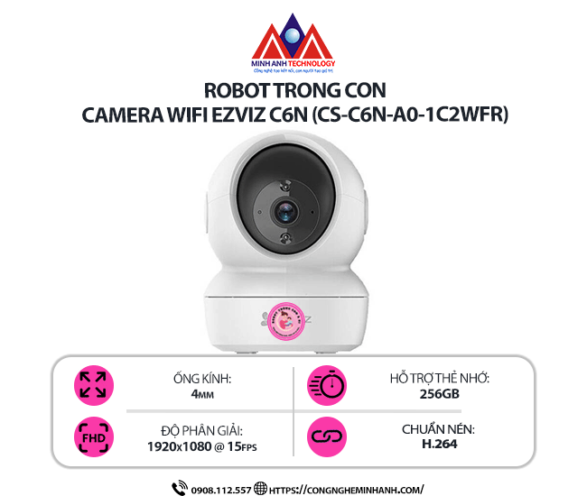 Camera WiFi EZVIZ C6N (CS-C6N-A0-1C2WFR) – Quan Sát 360°, Hồng Ngoại Ban Đêm, Đàm Thoại 2 Chiều, Phát Hiện Chuyển Động Thông Minh
