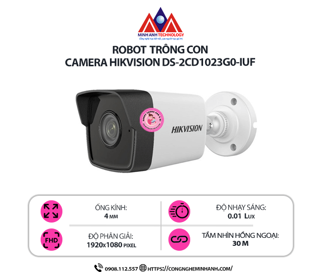 Camera Hikvision DS-2CD1023G0-IUF - Camera IP 2MP, Hỗ Trợ Mic, Quan Sát Ngày Đêm