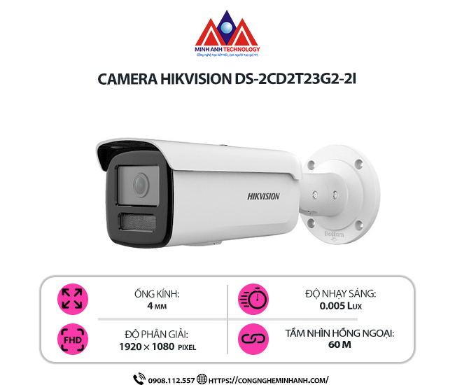 Camera Quan Sát Hikvision DS-2CD2T23G2-2I - Quan Sát Đêm Cực Tốt, Chống Bụi Nước, Độ Phân Giải 2MP