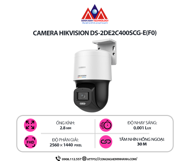 Camera Hikvision DS-2DE2C400SCG-E(F0) -  Quay Quét 4MP Siêu Nét, Zoom Quang Học 4X, Chống Nước, Giám Sát Toàn Diện