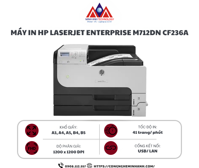 Máy in laser đen trắng HP LaserJet Enterprise M712DN CF236A (A3/A4/ Đảo mặt/ USB/ LAN)