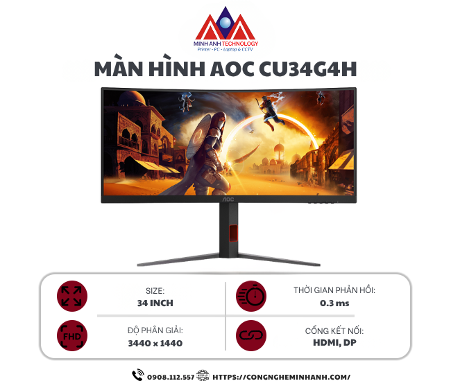 Màn Hình AOC CU34G4H (34 inch/ Cong/ VA/ WQHD/ 200Hz/ 0.3ms)