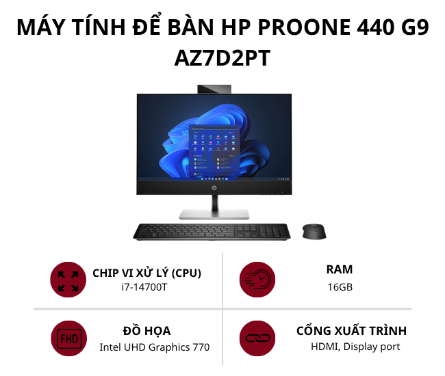 Máy tính để bàn HP ProOne 440 G9 AZ7D2PT (Intel Core i7-14700T | 16GB DDR5-4800 | Intel UHD Graphics 770 | 23.8 inch FHD | Windows 11 Home SL | Đen)