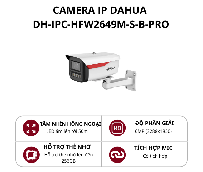 Camera IP thân cố định Dahua 6.0MP WizColor có mic DH-IPC-HFW2649M-S-B-PRO