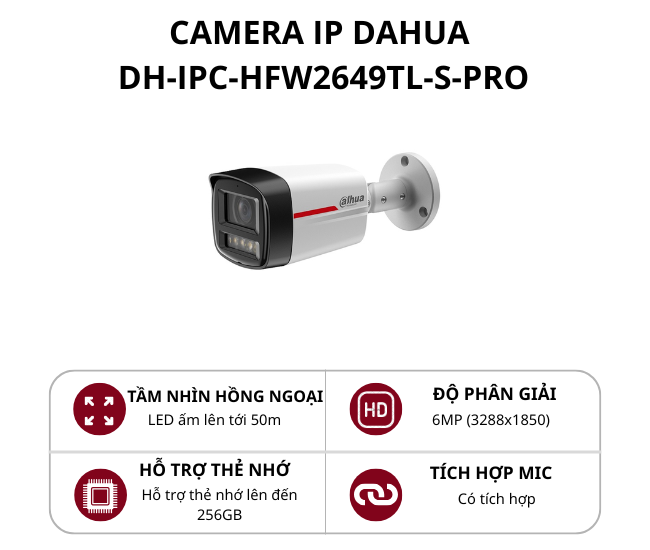 Camera IP thân cố định Dahua 6.0MP WizColor có mic DH-IPC-HFW2649TL-S-PRO