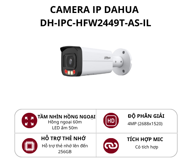 Camera IP thân Full Color ánh sáng kép thông minh Dahua 4MP DH-IPC-HFW2449T-AS-IL