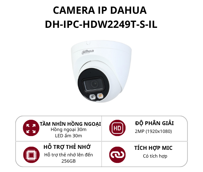 Camera IP Dome Full Color ánh sáng kép thông minh Dahua 2MP DH-IPC-HDW2249T-S-IL